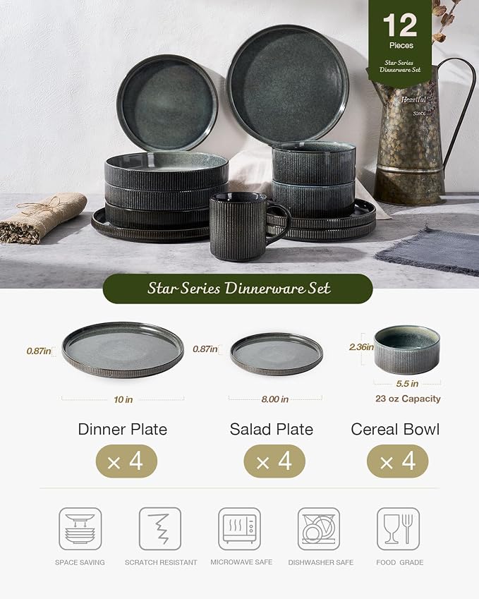 Famiware Star Stoneware Dinnerware Set, Reactive Glaze Plates & Bowls for 4 | 12-Piece Handmade Ribbed Dishes, Chip & Scratch Resistant Ceramic. Microwave & Dishwasher Safe, Rustic Modern, Deep Forest