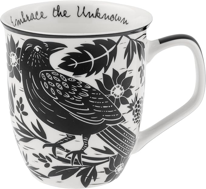 Karma Gifts 14 oz Black and White Boho Mug Raven - Cute Coffee and Tea Mug - Ceramic Coffee Mugs for Women and Men