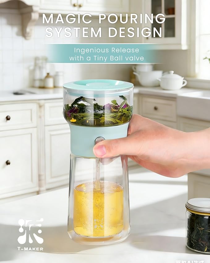 ZENS Modern Glass Infuser Teapot, One Touch Tea Release Loose Tea Maker | Loose Leaf Tea Diffusers, Magic Teapot with 9oz Mug, Portable Tea Infuser with Case, Tea Lovers Gifts, Blue
