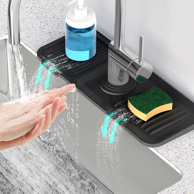14.6'' Faucet Mat for Kitchen Sink [5°Slope Fast Self-draining] Kitchen Sink Splash Guard Silicone Kitchen Sink Faucet Mat Splash Guard for Kitchen Sink Area Tidy Splash Faucet Guard Draining Mat