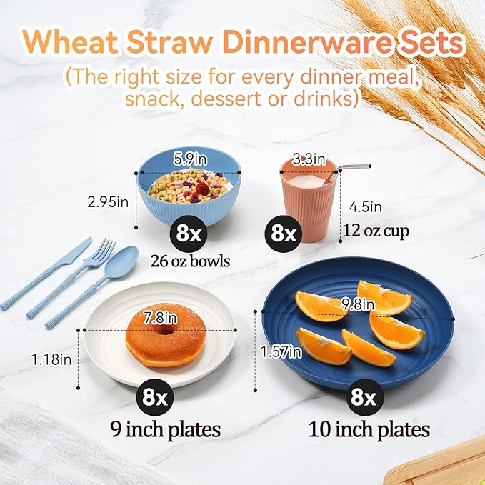 Wheat Straw Dinnerware Sets,64-Piece Plates and Bowls Sets for 8-Unbreakable,Reusable Plastic Dish Set-Dinner Plate/Dessert Plate/Cereal Bowl/Cup/Utensils-Microwavable Dishwasher Safe 64P-Blue