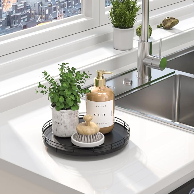 Oroyutor 10-Inch Oak Lazy Susan Countertop Organizer with Black Metal Rail | Rotating oak tray organizes spices, toiletries and decor on kitchen counters, bathroom vanities, dining and coffee tables.