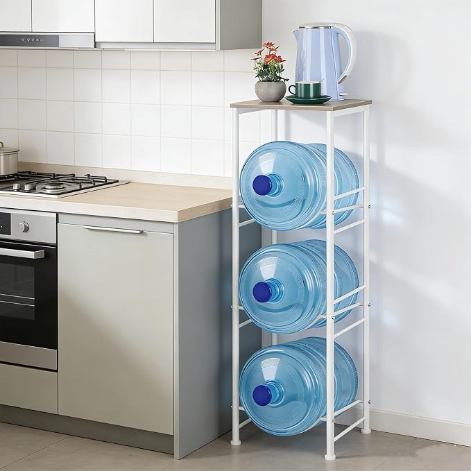 OYEAL Water Bottle Storage Holder 5 Gallon Drink Dispenser Stand with Table 3-Tier Heavy Duty Water Cooler Jug Rack Water Bottle Organizer for Kitchen, Office, Living Room, Rustic Grey