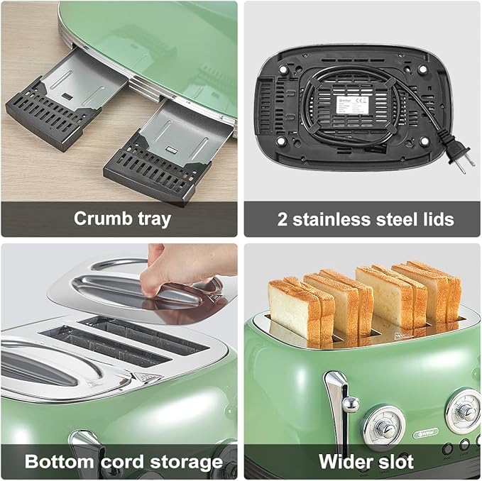 Wiltal 4 Slice Toaster, Retro Green Toaster, Bagel, With Stainless Steel Lid. Reheat, Defrost and Cancel Functions, Countdown Function, 6 Browning Levels, Stainless Steel Material, TR03
