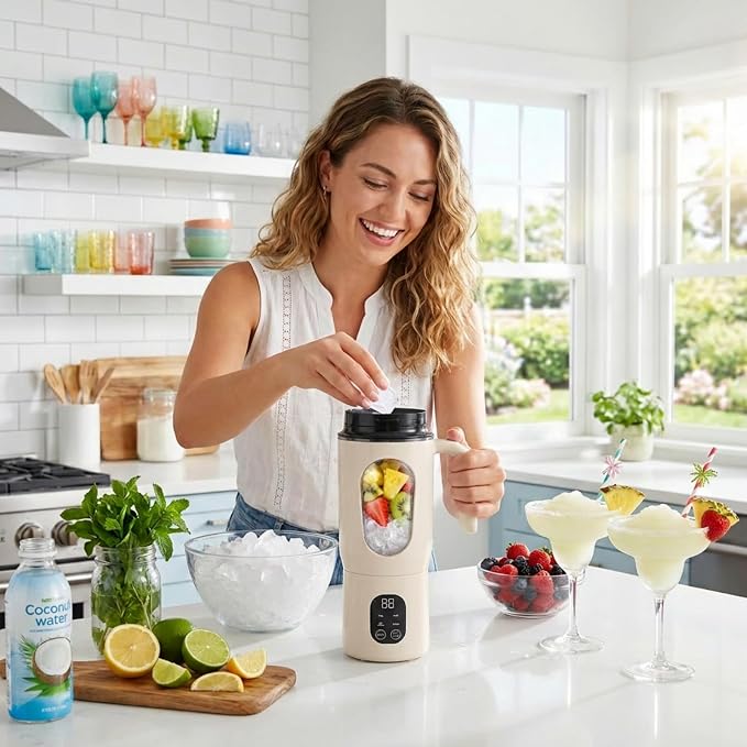 Lilogi 580ML Portable Blender with LED Display, 12-Blade USB-C Rechargeable Travel Blender with Handle & Extra Lid, Ideal for Kitchen, Office, Gym & Outdoor Sports