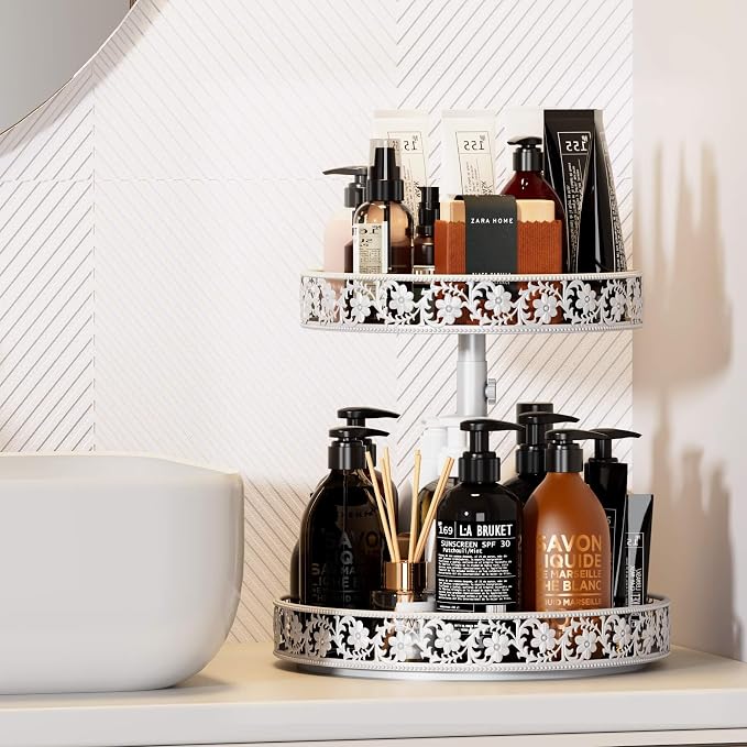 2 Tier Lazy Susan Organizer Turntable, 12 Inch, White | Adjustable, Easy Assembly & Cleaning, Two Tier Rotating Lazy Susan Spice Rack, For Cabinet Dining Table Kitchen Countertop