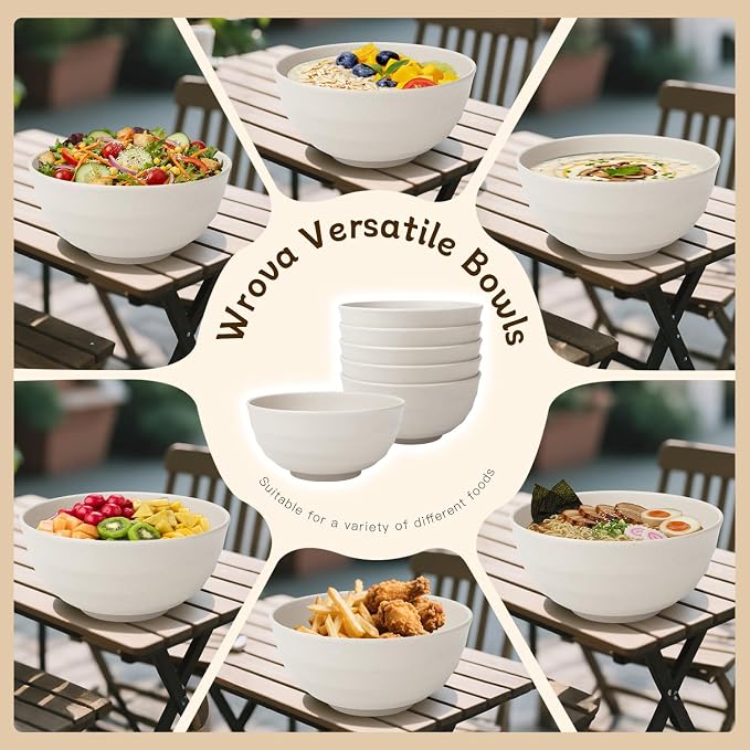 60oz Wheat Straw Bowls Set of 6 - Unbreakable large Serving Bowl for Kitchen, Plastic Bowls Microwave Safe Cereal and Salad Bowls, Lightweight Large Chip Bowls for Party,Dorm- White
