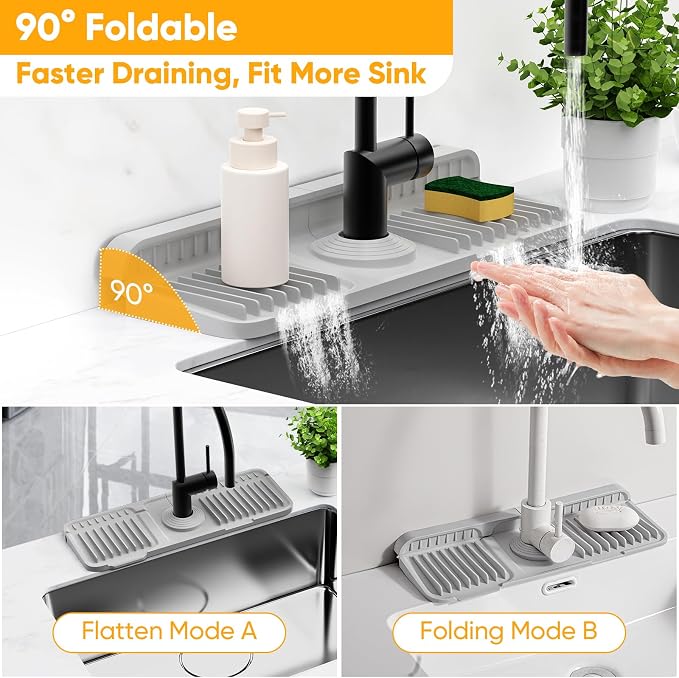 14.6 inch Faucet Mat for Kitchen Sink Splash Guard[7° Slope Fast Self-draining][Snap Lock Fit]Kitchen Sink Faucet Mat Splash Guard Kitchen Sink Area Water Splash Guard Behind Faucet Draining Mat