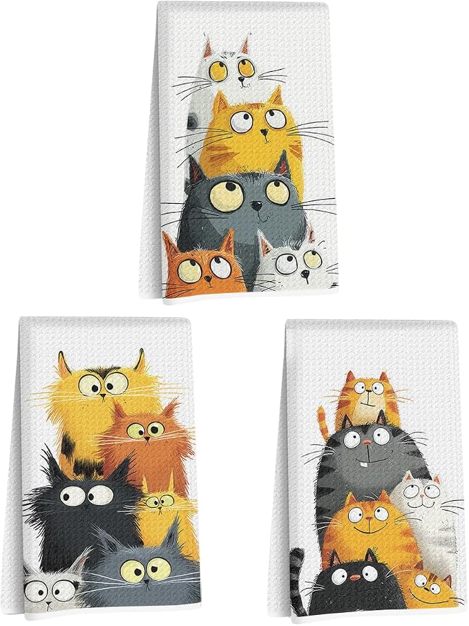3 Pcs Cute Cat Kitchen Towels, Funny Cats Gifts Absorbent Hand Towels-05 | Cat Dish Cloths for Drying Dishes, Cats Waffle Dish Towels for Kitchen Home Bathroom Decor, Cat Lover Gifts for Women Mom