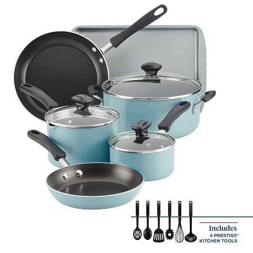 Farberware Cookstart Aluminum DiamondMax Nonstick Cookware Set, Kitchen Essentials, 15-Piece, Aqua