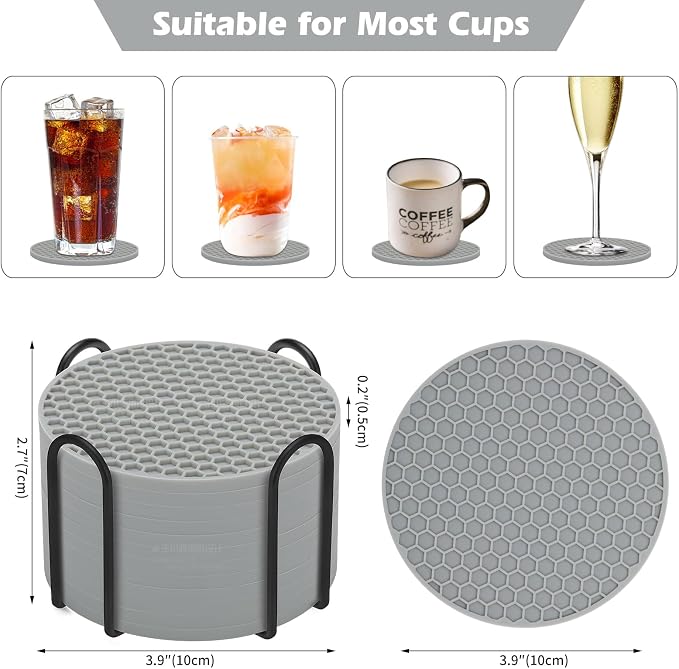 TWTLi Silicone Coasters Set of 12 with Holder — Non-Slip Drink Coasters for Coffee Table, Home Bar & Kitchen, Protects Wood & Marble Surfaces from Water Rings, Dishwasher Safe (Gray)