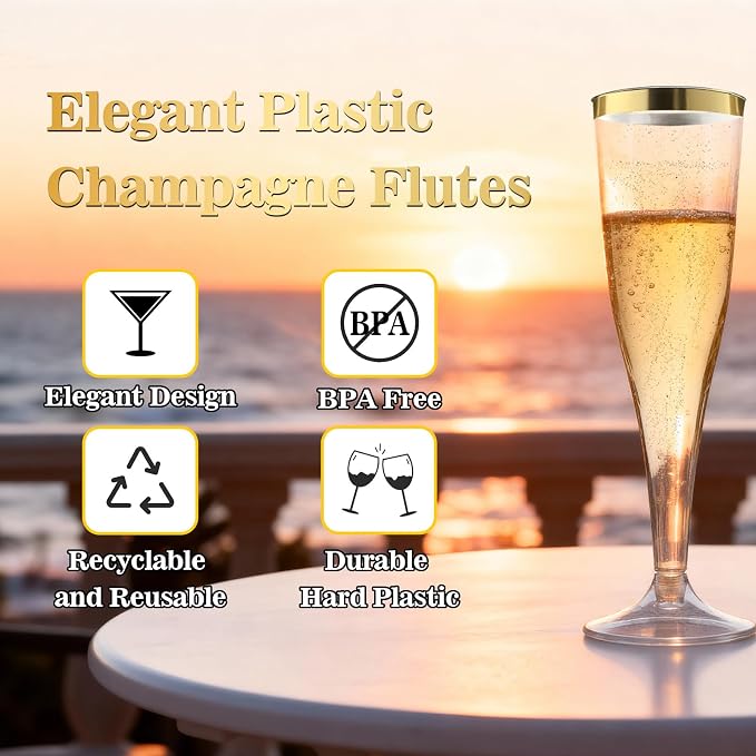 Bestluck 100 Pack 4.5 oz Gold Glitter Champagne Flutes Plastic | Plastic Disposable Stemware with Gold Rim, Disposable Champagne Flutes for Party, Mimosa Bar, Wedding, Anniversary