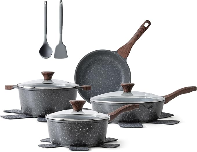 SENSARTE Nonstick Cookware Set 13-Piece, Non Stick Pots and Pans Set with Swiss Granite Coating, Healthy Kitchen Cooking Set, Stay-Cool Handles, Induction Compatible, PFOA/PFOS Free