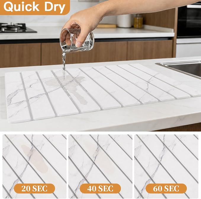Stone Dish Drying Mat for Kitchen - Diatomaceous Earth Drying Mats | White Marble Pattern, Counter Mats Quick Dry, Foldable Design, Super Absorbent, (24"×16"/ 8"x4" / 1 Drain Rack) for Dishes