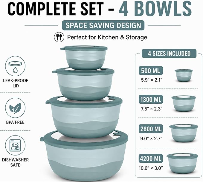 Pera Airtight Mixing Bowls with Lids, 8-Piece BPA-Free Nesting Prep Bowl Set for Kitchen & Food Prep, Large 4200ml Capacity, Microwave & Dishwasher Safe
