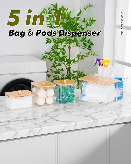 iCASA Trash Bag Dispenser Dishwasher Pods Container Under Sink Organizer | 5 in 1 Stackable Trash Bag Holder Garbage Bag Dispenser for 13/30/33 Gallon Bags, Clear Storage Bins Laundry Pods Container