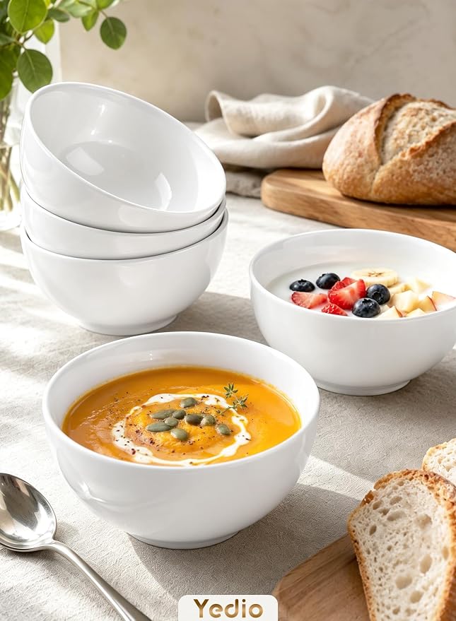 Small Bowls Set, White, 10 oz Porcelain Bowls of 4 | Ceramic, For Kitchen Dessert Rice Side Dish Snack Soup Fruits Cereal Ice Cream, Microwave Dishwasher Freezer Oven Safe