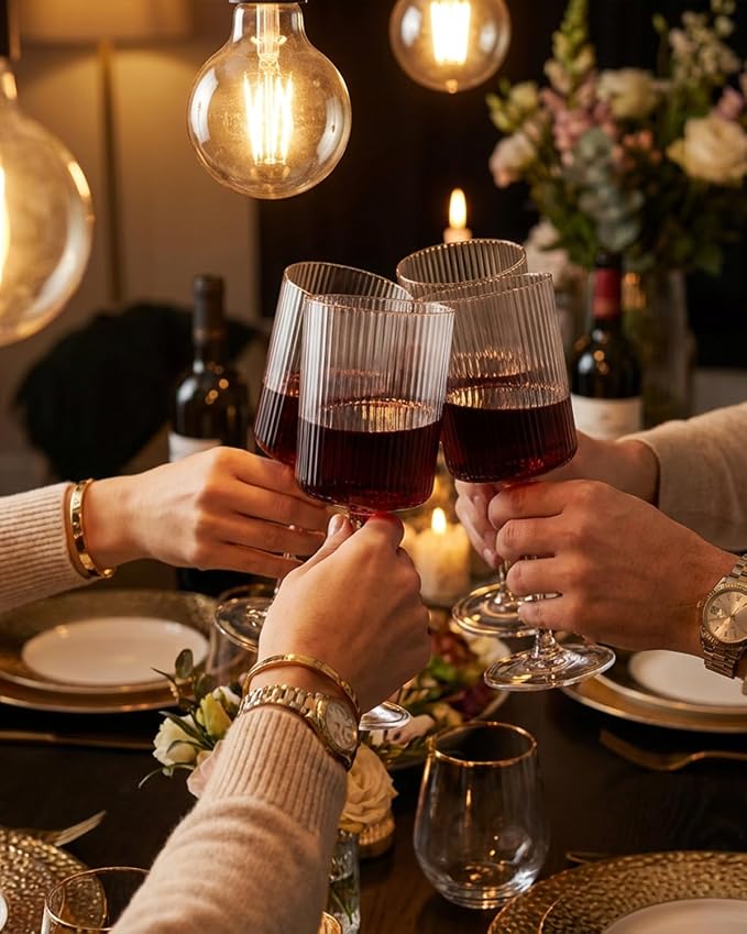 Ciaell 12 Pack Plastic Wine Glasses for Weddings Outdoor Gatherings | 10 oz Ribbed Square Stemmed Cups, Heavy Duty Plastic, Champagne Wine Cocktails Beverages for Parties Birthdays Anniversaries