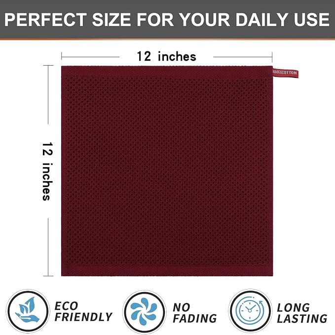 Kitinjoy 100% Cotton Waffle 6-Pack Kitchen Towels, 12" x 12", Burgundy | Ultra Absorbent, Super Soft, lightweight, Quick Drying Dish Rags for Washing Dishes