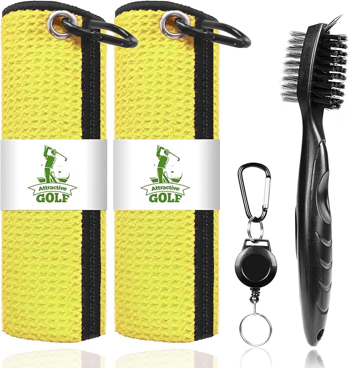 2 Pack Golf Towels with Club Brush, Microfiber Waffle Cleaning Set | Waffle pattern microfiber for strong water absorption, cleans clubs & balls, 2 towels + 1 brush, ideal for golfers