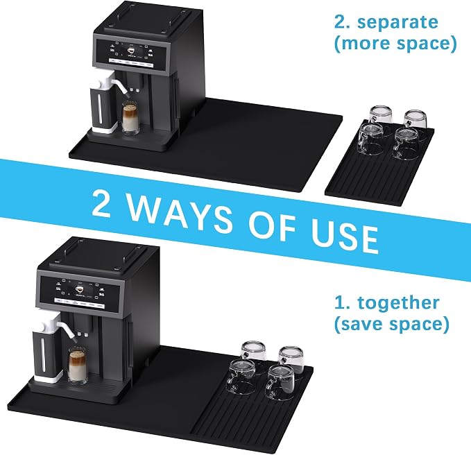 Golener Silicone Coffee Mat Set - 24" x 16" Coffee Bar Mat for Countertop, Kitchen Station Pad Accessories Fit Under Coffee Maker or Machine, Dish Drying Mat, Heat Resistant Kitchen Gadget, Black | Coffee Mat for Countertop, Waterproof Coffee Station M...