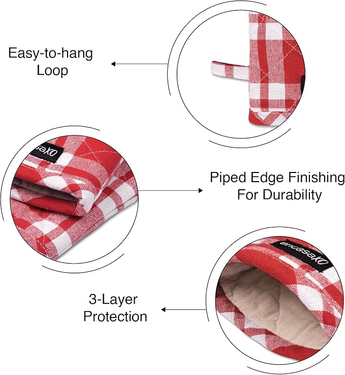 Encasa XO Oven Mitts, Heat Resistant Kitchen Gloves, Microwave | Franca Red Checks, 100% Cotton | Diamond Quilted Insulation | Pot Holders | Hanging Loop | Barbecue & Grill | Set of 2