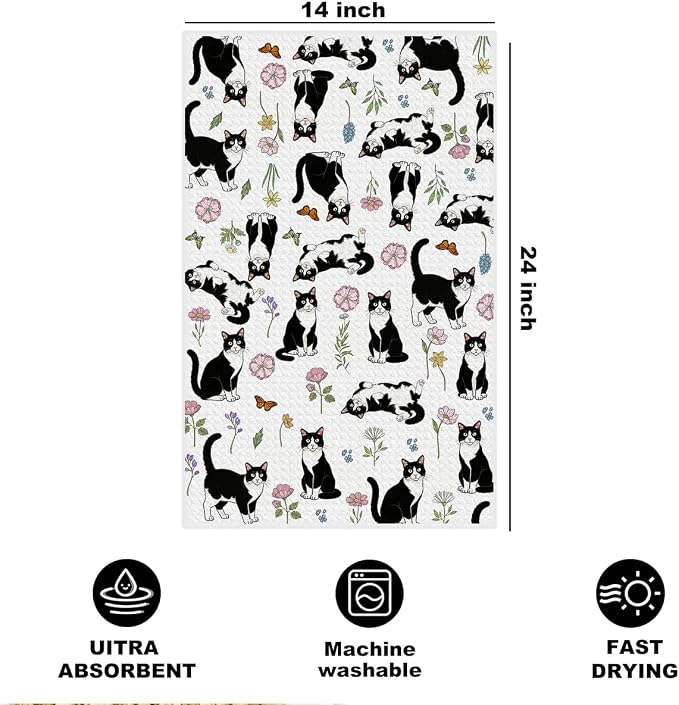 Jztco Cat Kitchen Towels, Floral Cats Gifts Reusable Hand Towels | Cat Lover Gifts for Women Mom, Microfiber Dish Cloths for Drying Dishes, Waffle Dish Towels for Kitchen Home Bathroom Decor