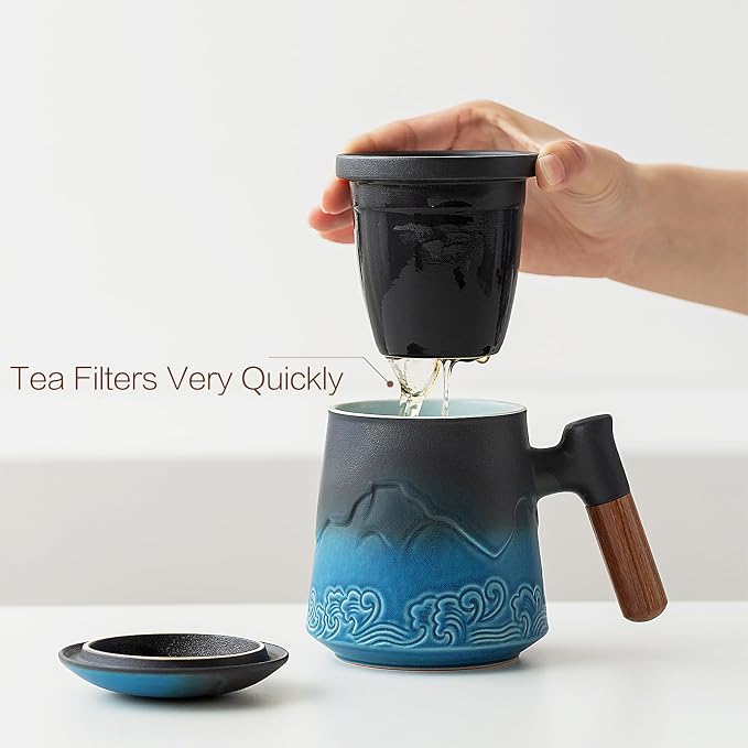 ZENS Tea Cup with Infuser and Lid for Loose Leaf Tea Steeper, 15oz Blue | Embossed Ceramic Tea Infuser Mug with Fine Strainer for Herbal Tea Lovers Gifts, Nature Wood Handle