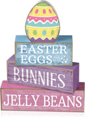 Lineshading 4 Pcs Easter Block Signs, Farmhouse Tiered Tray Decor Wooden | Rustic Blocks with Easter Eggs Bunnies Jelly Beans Text, Colorful Egg Topper, Spring Tabletop Shelf Mantel Gift
