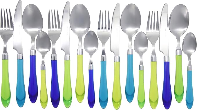 Gypsy Color Sea Green & Blue Mix & Match Stainless Steel Flatware Collection, Set of 16
