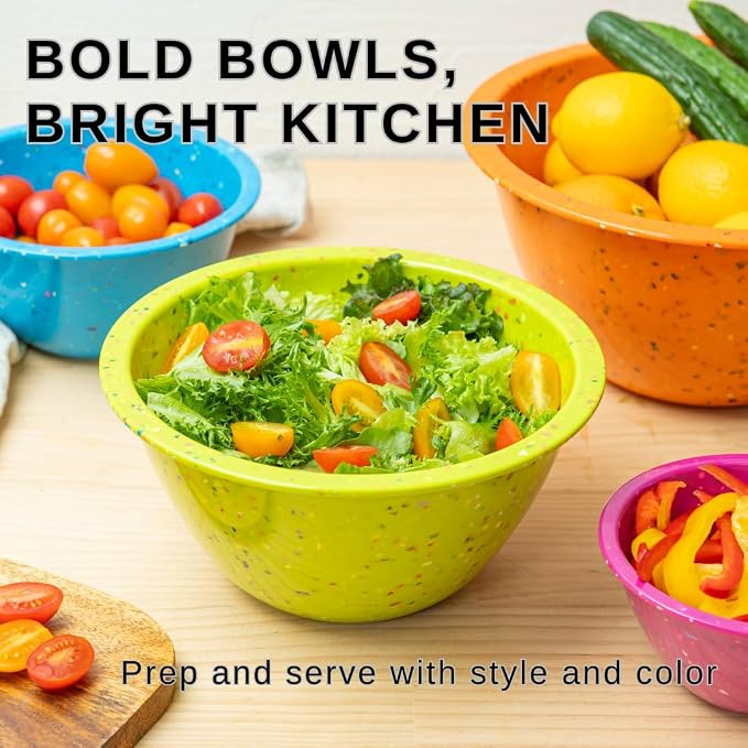 Confetti Melamine 4 Piece Nesting Mixing Bowls Set, Colorful Vibrant | Colorful Kitchen Bowls (18oz, 1.25QT, 2.5QT, 4QT) - BPA-Free, Dishwasher Safe, Space-Saving
