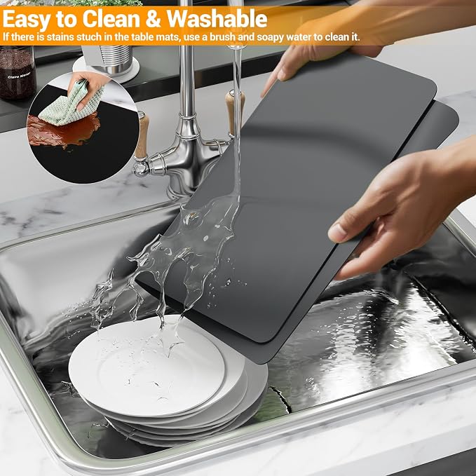 2-Pack Silicone Counter Mats 24”x16”, Grey | 1.5mm thick silicone counter protector, heat resistant & non-slip. Works for air fryer, hot pots, pans and coffee maker.