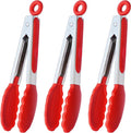 HINMAY 7" Mini Silicone Tongs Small Serving Tongs, Set of 3 (Red)