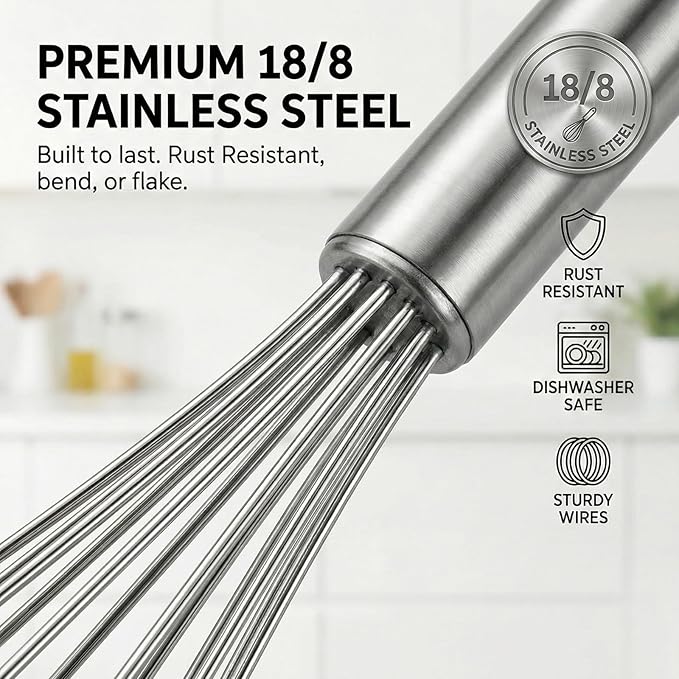 11-Inch Slim French Whisk, Small Whisk, 18/8 Stainless Steel, Long Handle | Thin Mini Wire Whisk Fits Mason Jars and Tumblers; for Eggs, Sauces, Dressings, Coffee and Protein Drinks; Dishwasher Safe