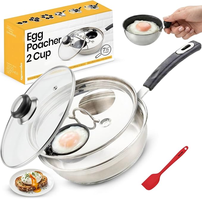 Eggssentials Egg Poacher Pan Nonstick Coating - Poached Egg Cooker, Stainless Steel Egg Poaching Pan PFOA Free with Spatula, Poached Egg Maker, Egg Poachers Cookware