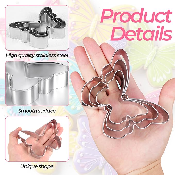 3 Pcs Butterfly Cookie Cutter Set, Stainless Steel Butterflies Shaped Baking Molds, Sandwich Cutter, Butterfly Fondant Biscuit Cutters for Biscuit, DIY Cake Craft, Pastry Decoration (3 Sizes)