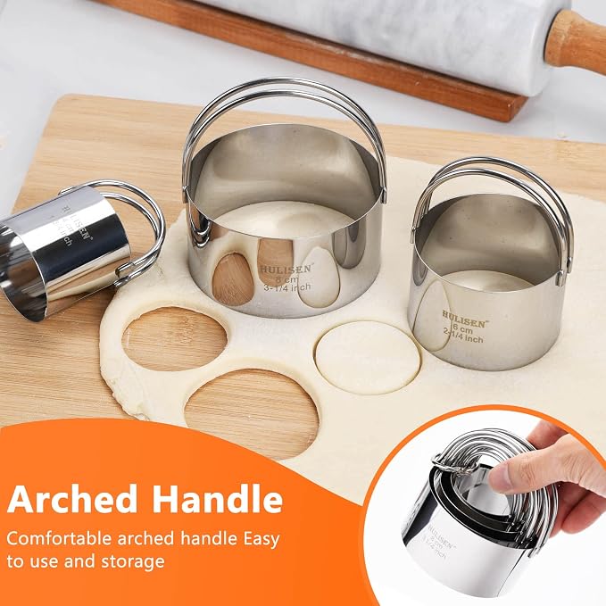 HULISEN 5-Pc Biscuit Cutter Set with Handle, Pastry Scraper, Dough Blender | Stainless Steel, Dishwasher Safe, Etched inch/cm Markings, Gift Package, Ergonomic Rubber Grip, Professional Baking Tools