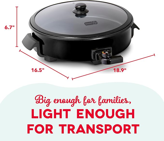 Dash Family Size Electric Skillet with Lid, 6-Quart Nonstick, Black | Large Frying Pan, Removable Temperature Control Probe, Tempered Glass Lid, 14-Inch Cooking Surface