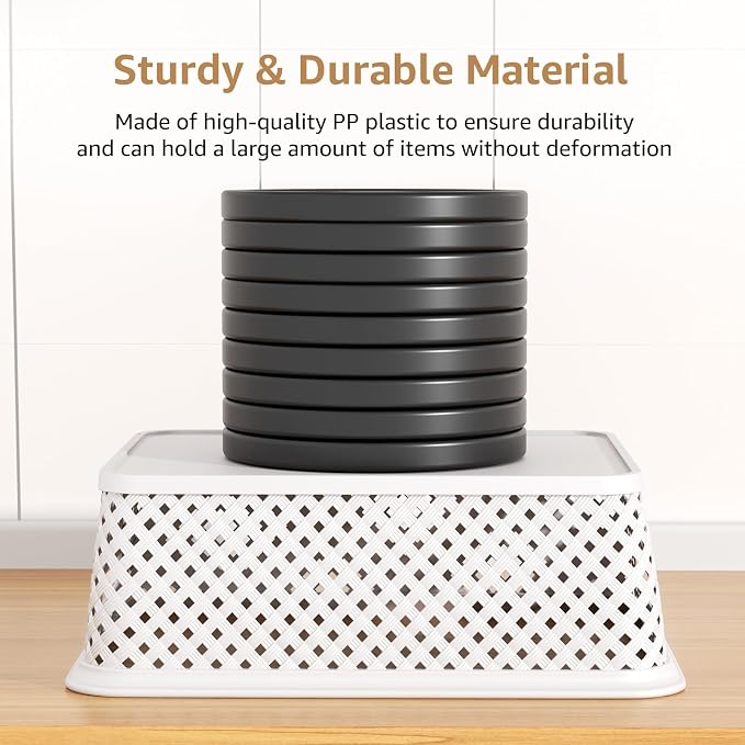 MaxGear 3 Pack Plastic Storage Baskets, Large, White | Durable Woven Plastic with Built-In Handles, Suitable for Shelves, Closets, Cabinets, Bathrooms and Offices