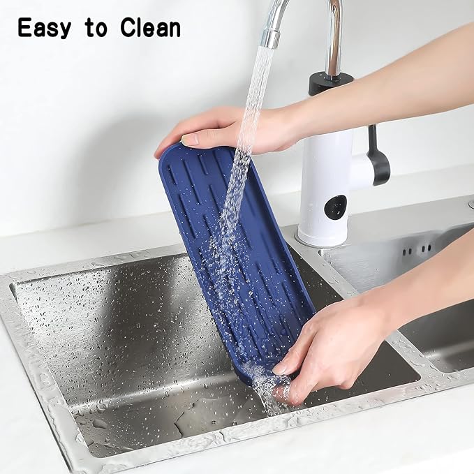 MicoYang Silicone Kitchen Sink Organizer Tray for Multiple Usage,Eco-Friendly Sponges Holder for Kitchen Bathroom Counter or Sink,Dish Soap Dispenser,Scrubber,Bottle,Cup (Navy Blue, 12"×4")