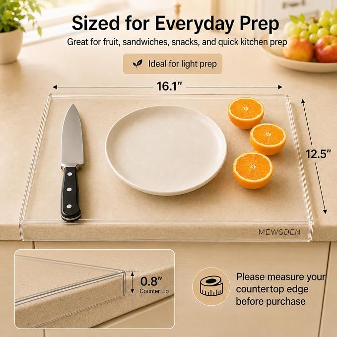 Acrylic Cutting Board with Counter Lip, Clear Cutting Boards for Countertop Protector, Non-Slip Cutting Board for Kitchen Counter, Aesthetic Kitchen Decor Gadgets House Warming Gifts(16.1"x12.5")