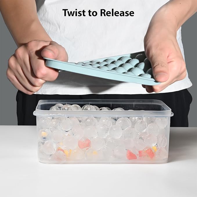 Ice Cube Trays with Lid and Bin, 0.8 IN Small Round Ice Cube Mold - Easy Release Stackable Ice Ball Maker for Cocktail,Whiskey and Drinks, BPA-Free(0.8in/64 balls&box)