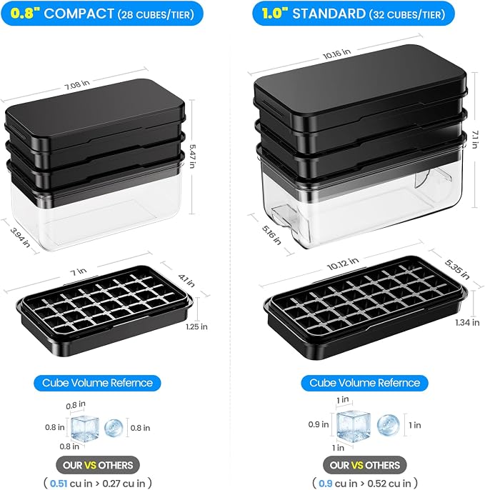 Ice Cube Tray with Lid and Bin, Easy Release 84 Cubes for Freezer | Food-grade BPA-free PP and ABS. Ice cubes for fruit, cocktails, iced coffee. Space-saving stackable with scoop