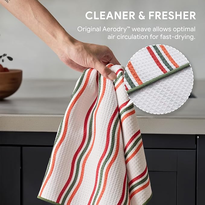 RECYCO Waffle Kitchen Towel Set of 2 - Quick Dry Microfiber Sustainable Dish Towels - Ultra Absorbent Reusable Cleaning Tea Towels - Lightweight Hand Towels,16”x 28”, Poppy Waves
