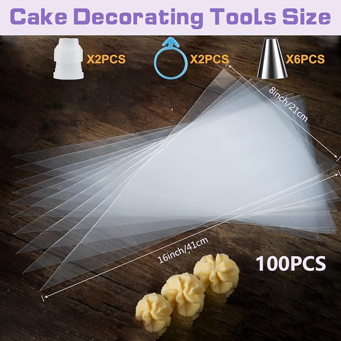 firstake Disposable Piping Bags 16 Inch 100 Pcs, Thickened for Cake Décor | Food Grade PE, Clear & Thickened, Anti-Burst, 100 Pcs + 6 Tips + 2 Couplers, for Cookies, Deviled Eggs, Cupcakes