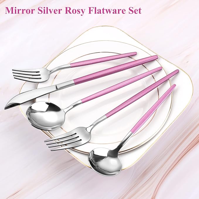 VANVRO Mirror Silver Rosy Silverware Set, 20-Piece Stainless Steel Flatware Set, Satin Finish tableware Cutlery Set, Service for 4, Home and Restaurant, Dishwasher Safe