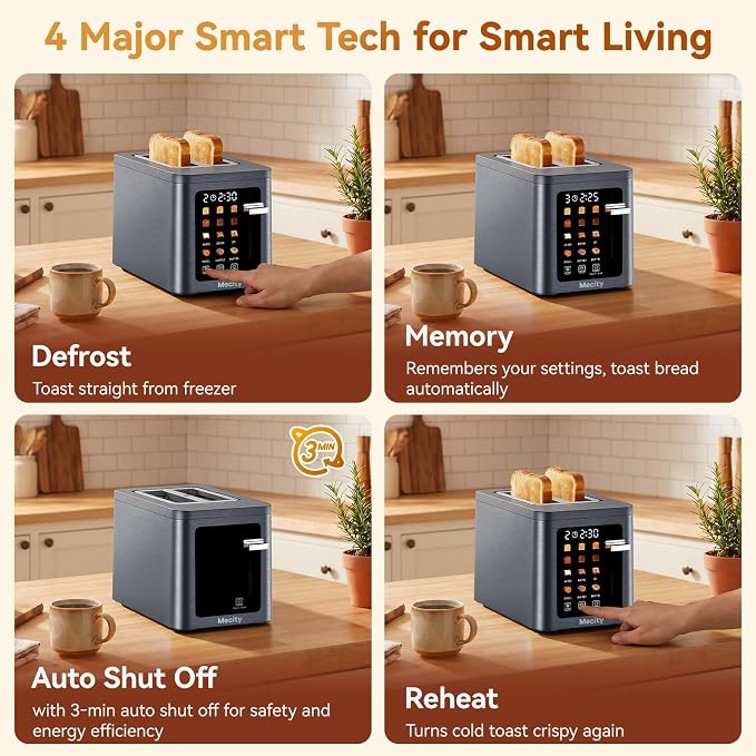 Mecity 2 Slice Toaster Smart Touchscreen, Stainless Steel Wide Slot Toasters Defrost, Reheat, Memory Function, Auto Shutoff, Digital Electric Bread Toaster for Bagel Muffin Waffle, 120V