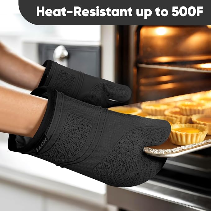Silicone Oven Mitts, Heat Resistant Oven Gloves with Quilted Liner, Waterproof & Non-Slip Kitchen Mittens for Baking Cooking BBQ, 500°F, 12.5"-Black