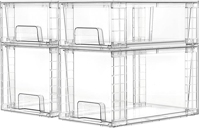 Vtopmart Clear Stackable Storage Drawers, 4 Pack Kitchen Cabinet Set | Medium and Small Pull-Out PET Drawers with Stackable Design for Kitchen Cabinets, Pantry, Under Sink, Medicine