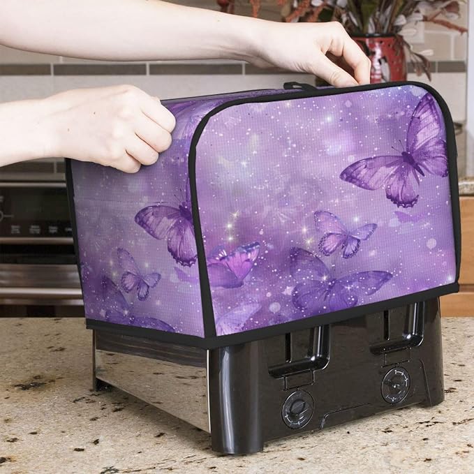 2 Slice Toaster Cover Butterfly Purple Pastel Dust Proof Washable Kitchen Appliance Cover with Pocket, Oxford Fabric Countertop Toaster Protector for Standard Toasters Small Appliances
